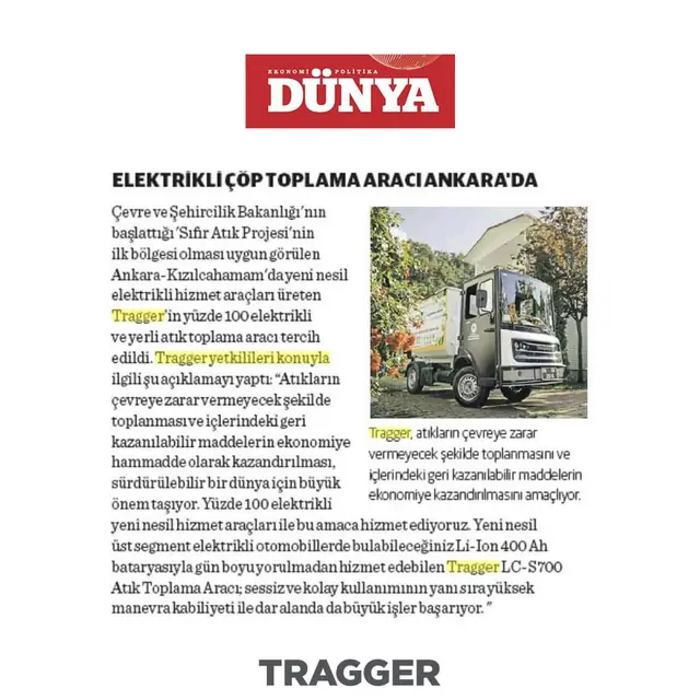 Dünya — Ankara'da elektrikli atık toplama araçları basın kupürü