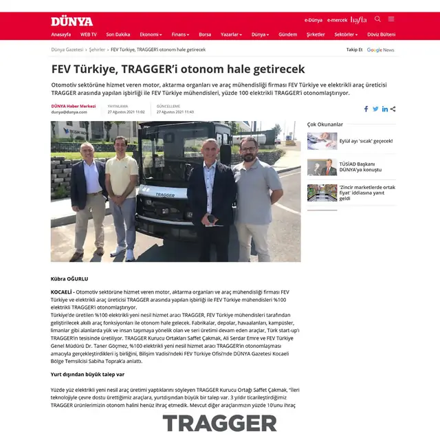 Sektör basını — FEV Türkiye ile mühendislik iş birliği basın kupürü